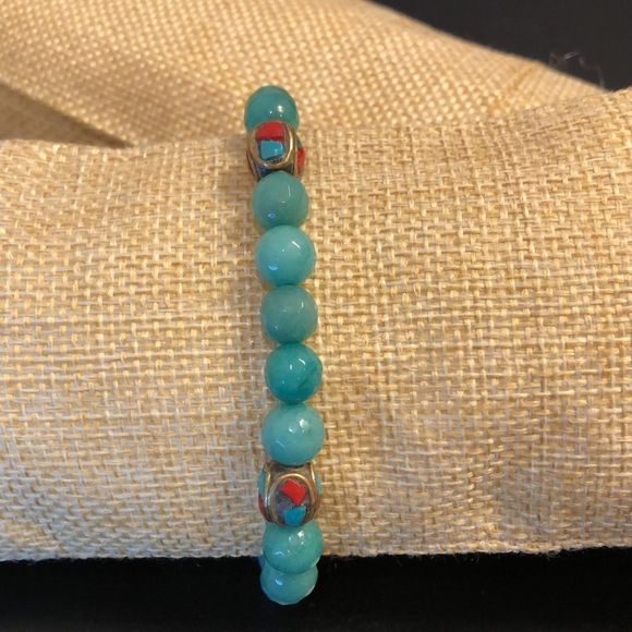 Faceted Jade Bead Bracelet w Bronze Accent Beads w Coral & Turquoise Inlay - Picture 11 of 11